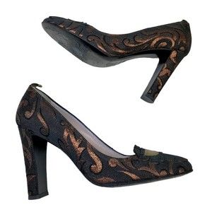 Laurence Dacade Parir Metallic Brocade Loafer Pumps Block Heels 38.5 / 7.5